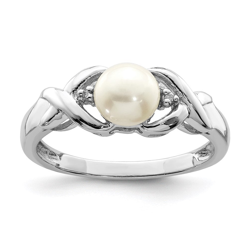 Sterling Silver Rhodium FW Cultured Button Pearl & Diamond Ring Size 8