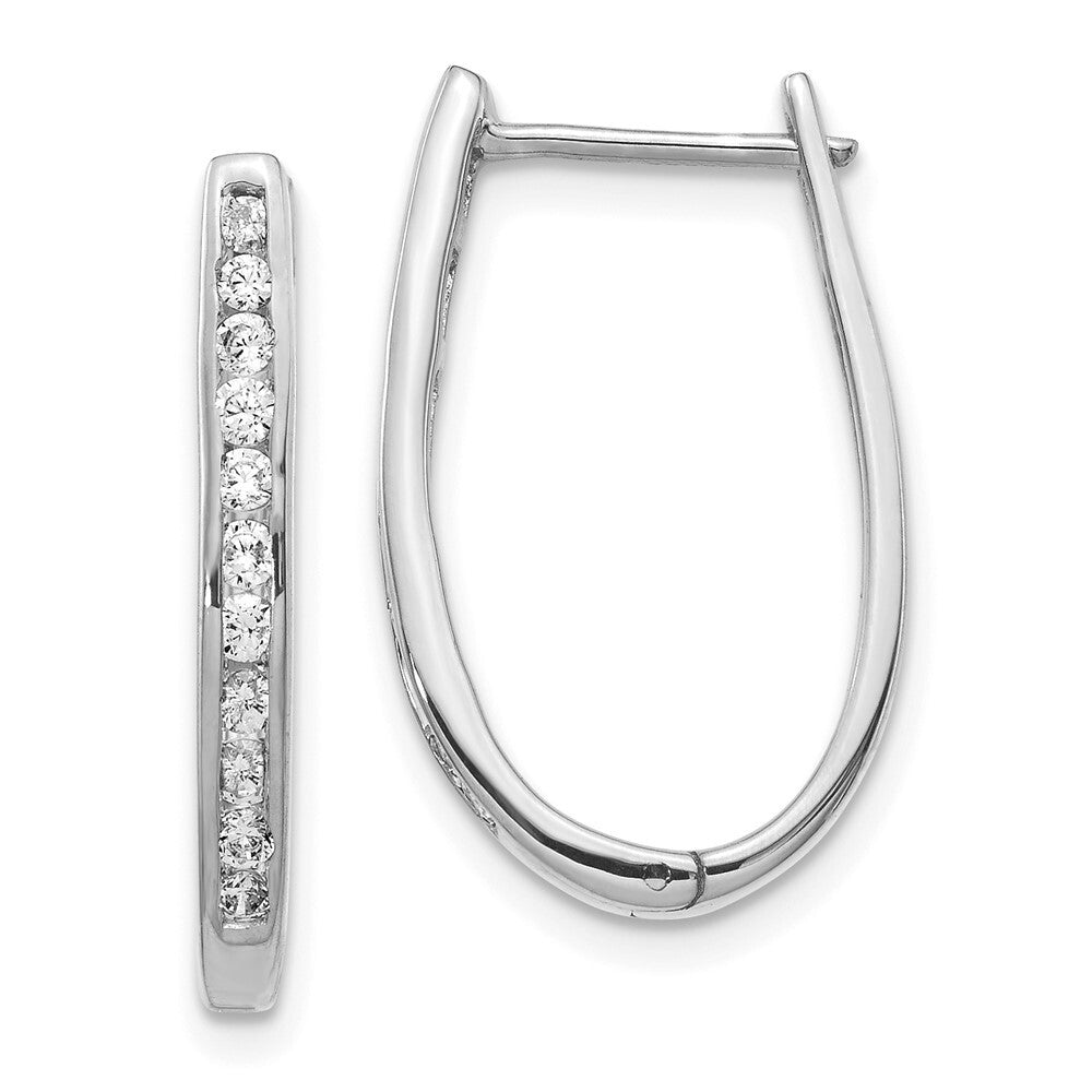 14k White Gold Diamond Oval Hinged Hoop Earrings