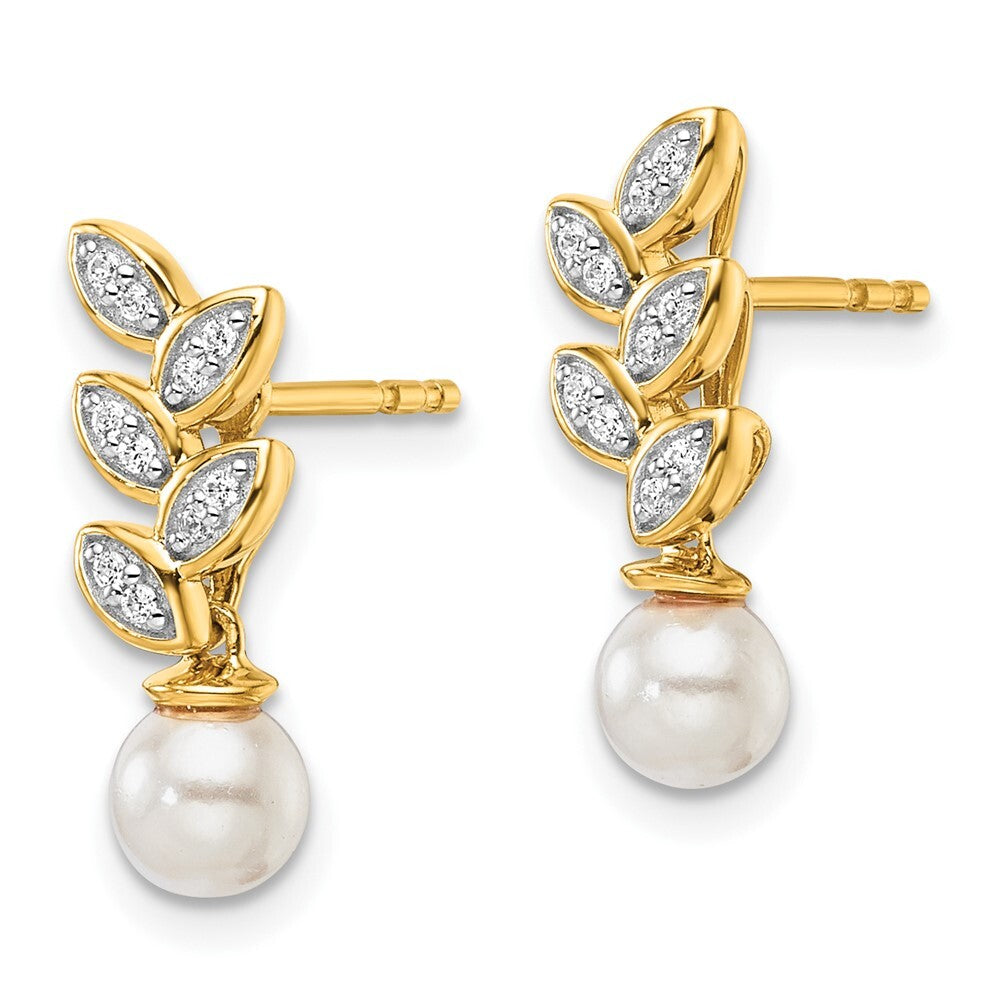 14k Yellow Gold Polished Diamond and Pearl Leaf Dangle Earrings