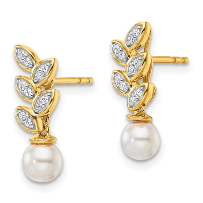 14k Yellow Gold Polished Diamond and Pearl Leaf Dangle Earrings