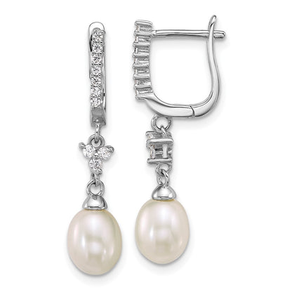 Sterling Silver Teardrop Cultured Pearl & Cubic Zirconia Dangle Hoop Earrings