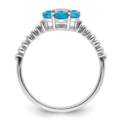 14k White Gold Blue Topaz and Diamond Floral Ring Size 7