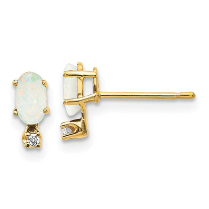 14k Yellow Gold Diamond & Opal Birthstone Stud Earrings Gift for Women