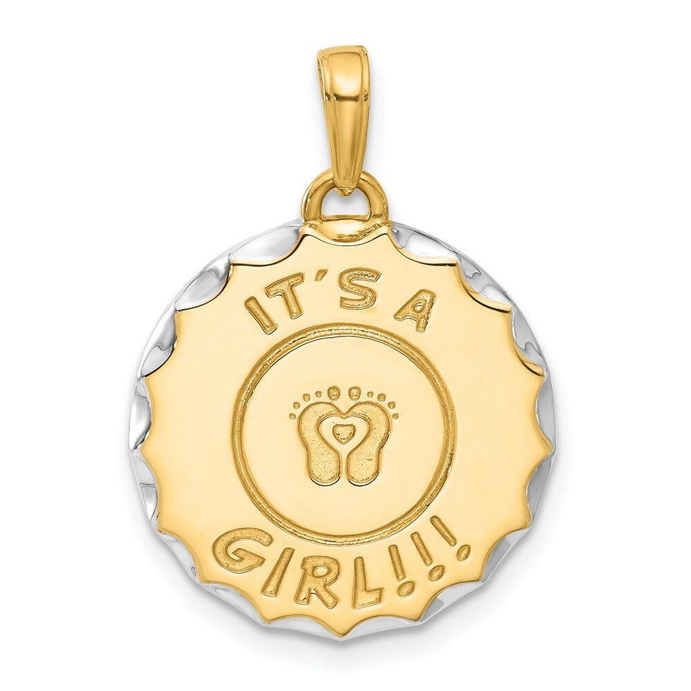 14k Yellow Gold and White Rhodium It's A Girl! Disc Pendant for Women