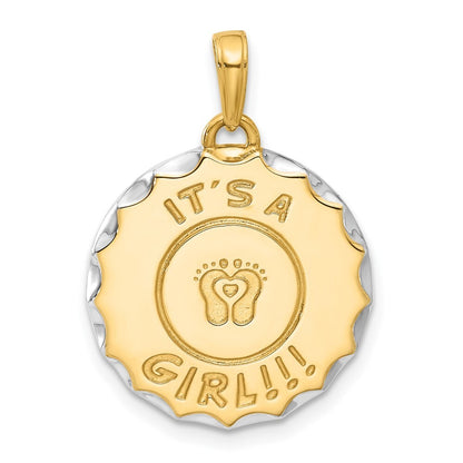 14k Yellow Gold and White Rhodium It's A Girl! Disc Pendant for Women