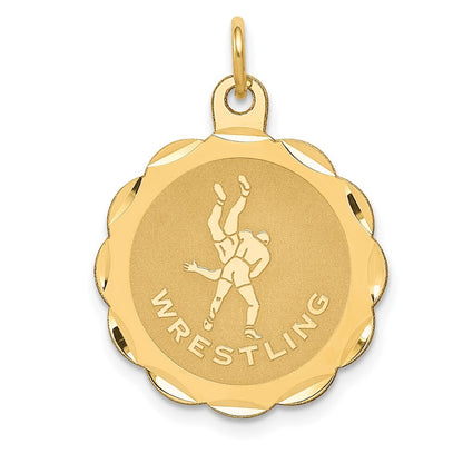 14k Yellow Gold Wrestling Scalloped Edge Disc Charm Pendant for Women