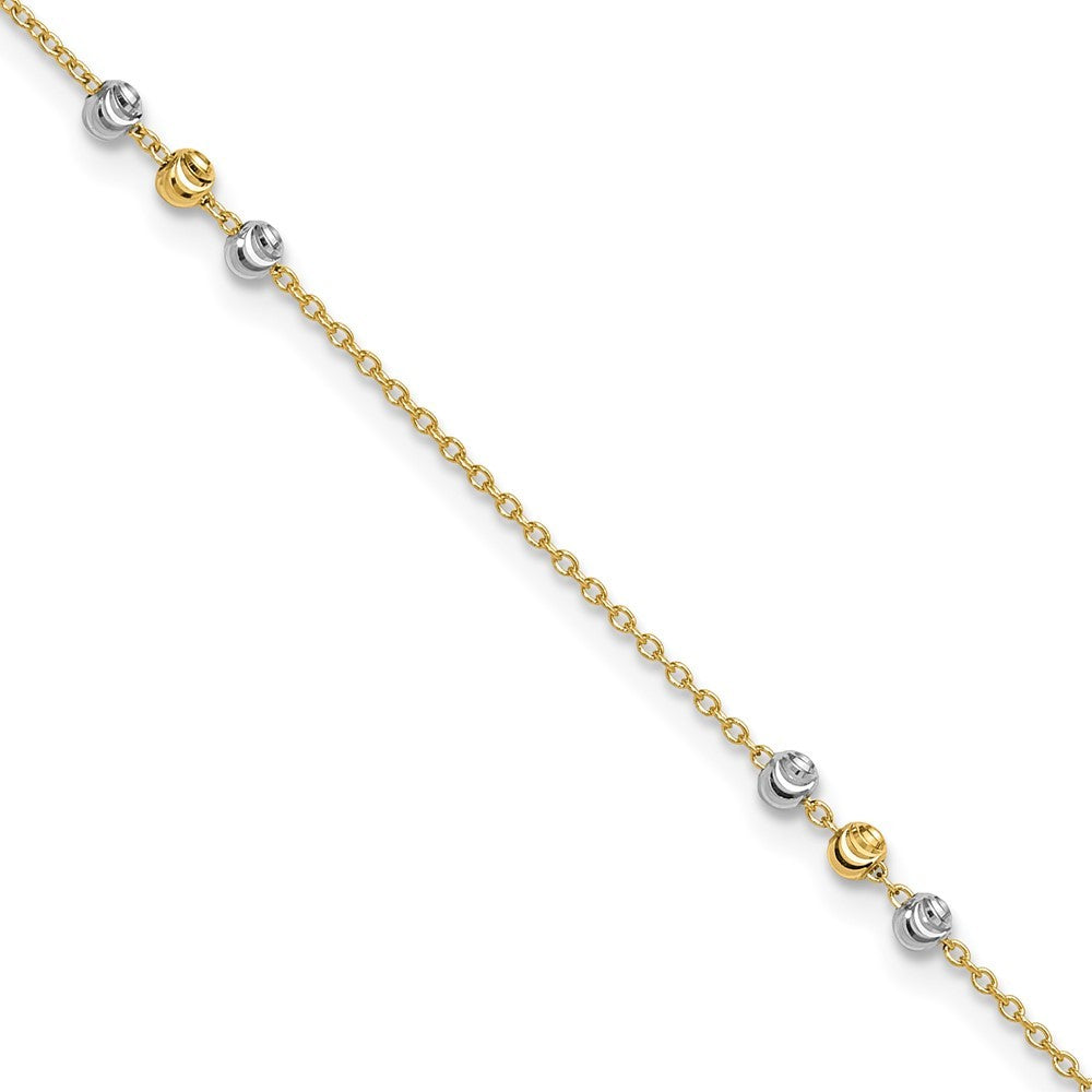 14K Two-tone Diamond-cut Beaded 4-Station 10" Anklet