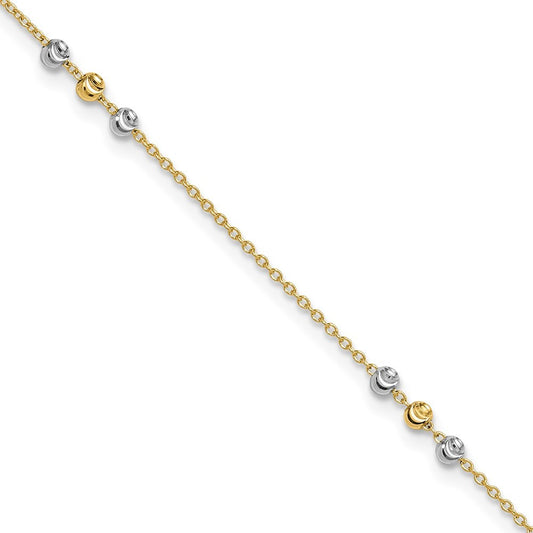 14K Two-tone Diamond-cut Beaded 4-Station 10" Anklet