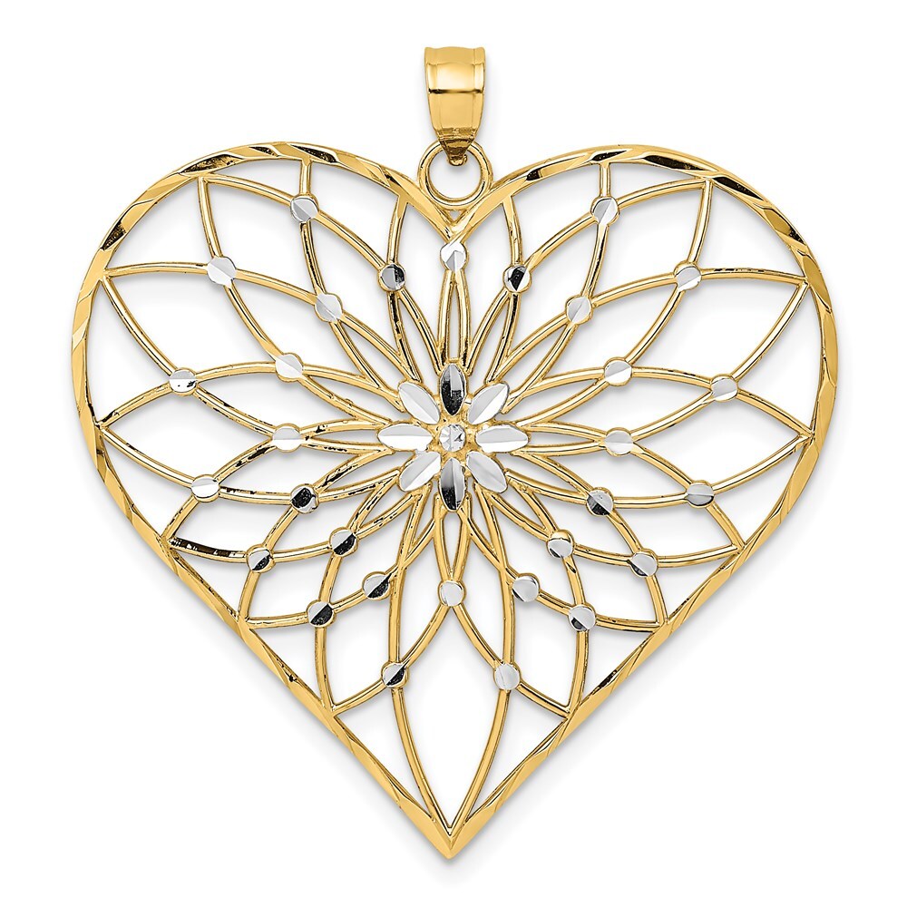 14k Yellow Gold with White Rhodium Diamond-cut Large Filigree Heart Pendant