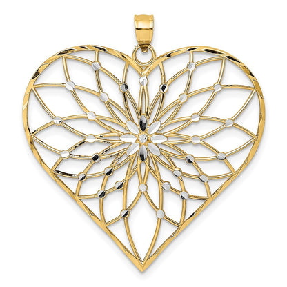 14k Yellow Gold with White Rhodium Diamond-cut Large Filigree Heart Pendant