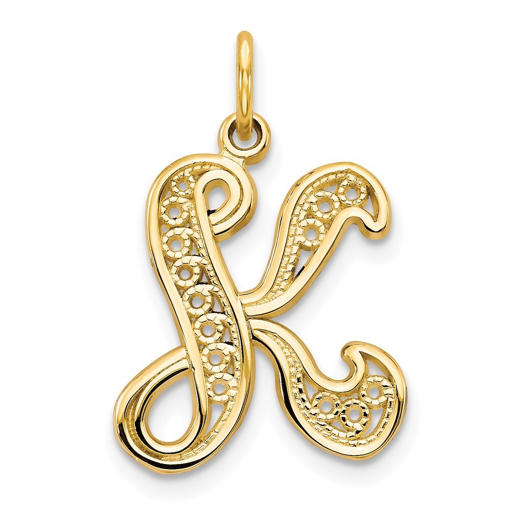 14k Yellow Gold Polished Script Filigree Letter K Initial Pendant for Women