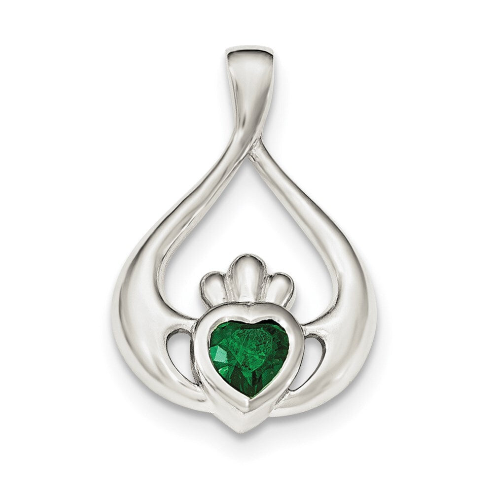 Sterling Silver Rhodium-plated Green Cubic Zirconia Heart Claddagh Pendant