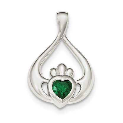 Sterling Silver Rhodium-plated Green Cubic Zirconia Heart Claddagh Pendant
