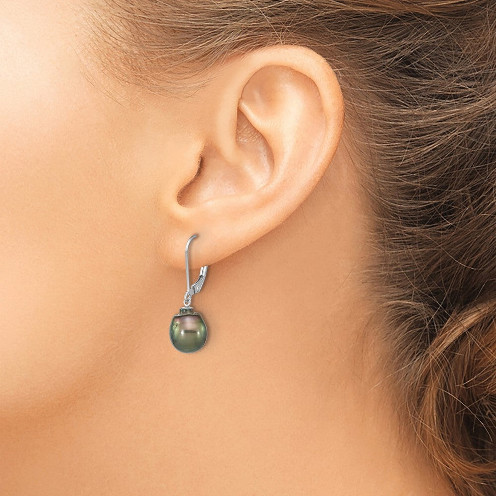 Sterling Silver Black Teardrop Tahitian Saltwater Cultured Pearl Dangle Earrings