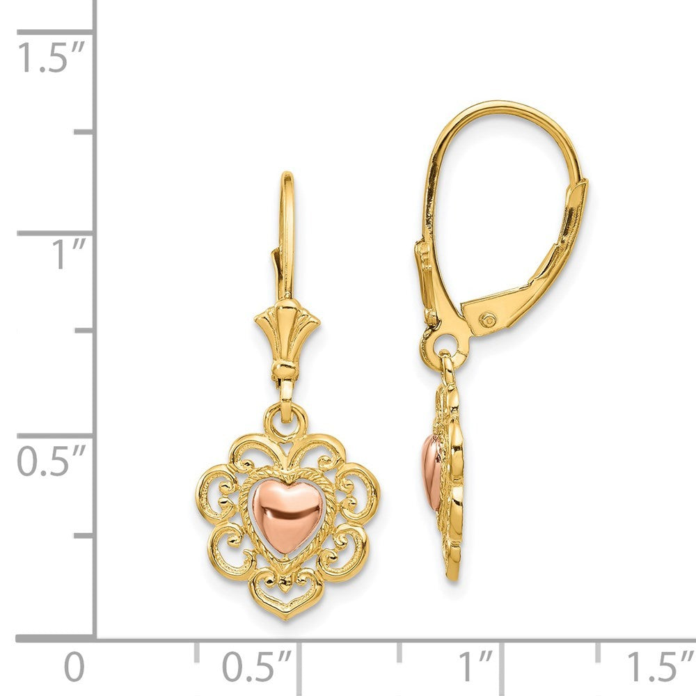 14K Two-tone Heart with Lace Trim Drop Dangle Earrings