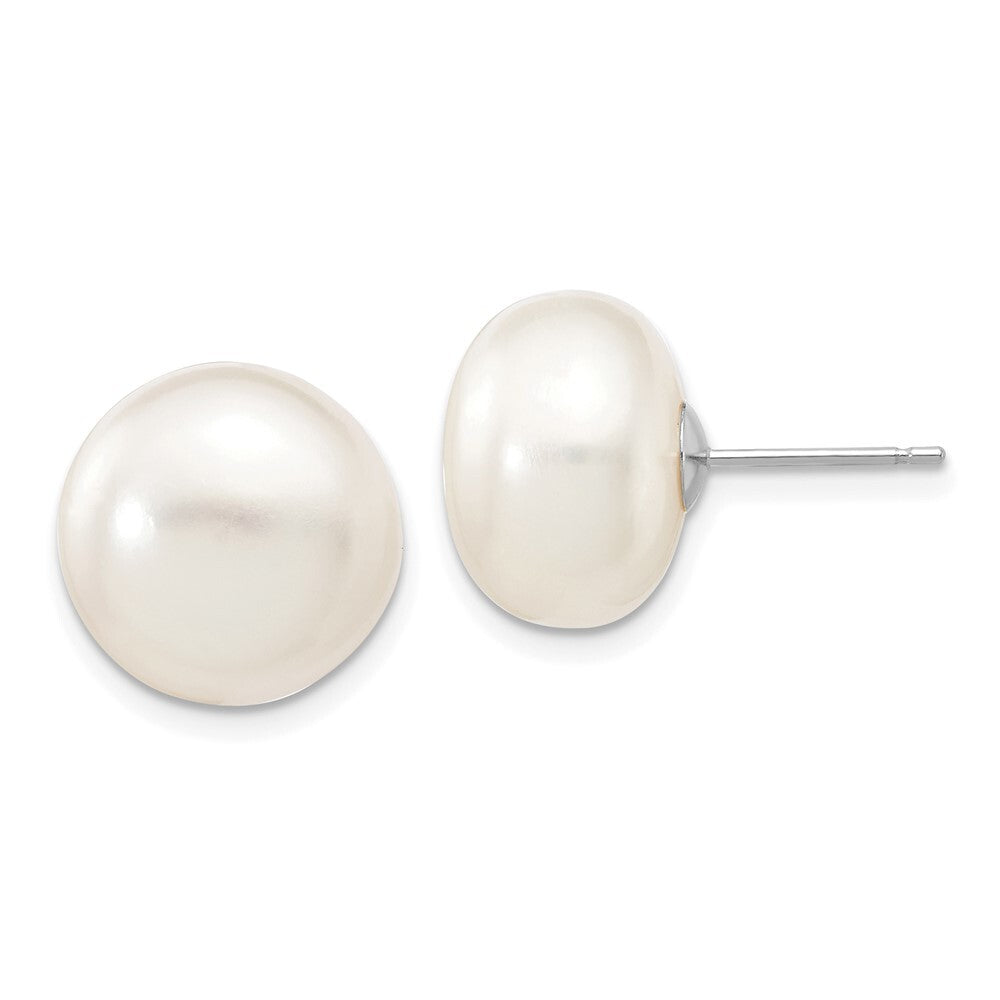14k White Gold 12-13mm White Button Freshwater Cultured Pearl Stud Earrings