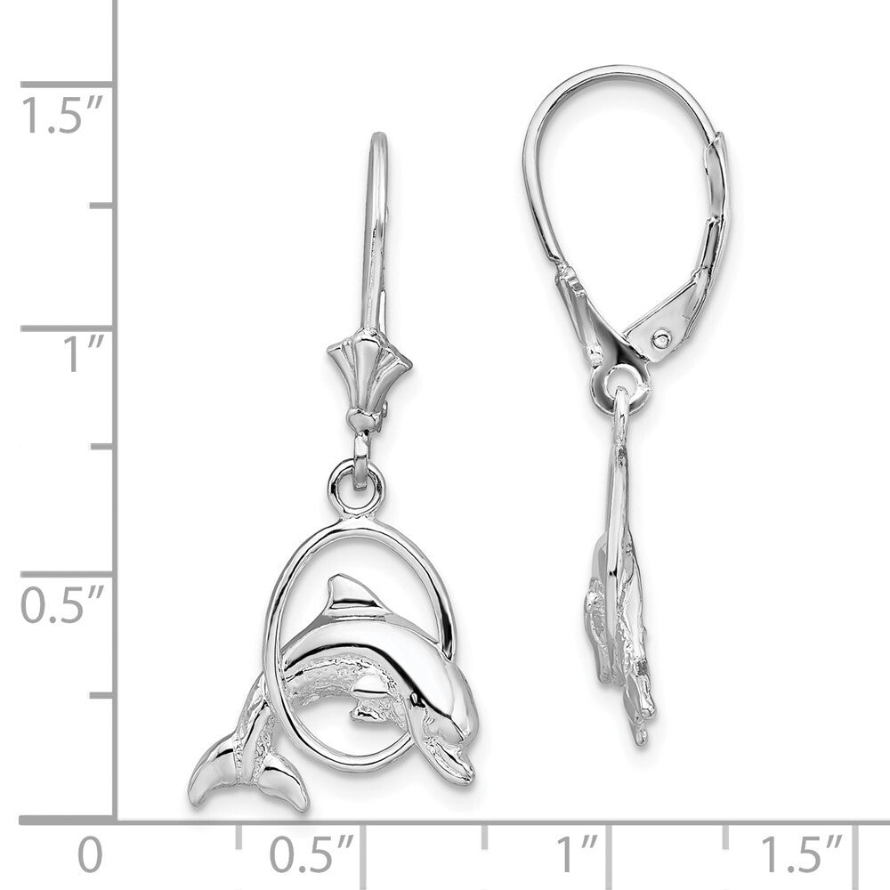 Sterling Silver Rhodium-Plated Dolphin in Hoop Leverback Earrings
