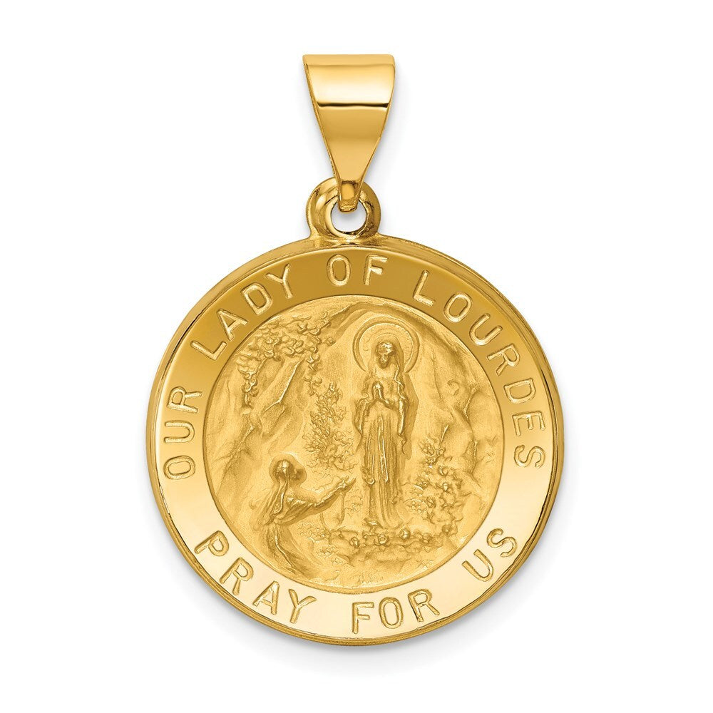 14k Yellow Gold Polished and Satin Our Lady of Lourdes Medal Hollow Pendant