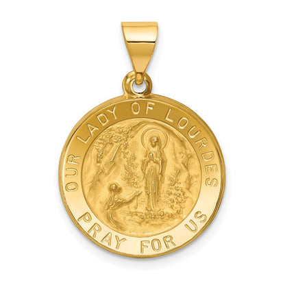 14k Yellow Gold Polished and Satin Our Lady of Lourdes Medal Hollow Pendant