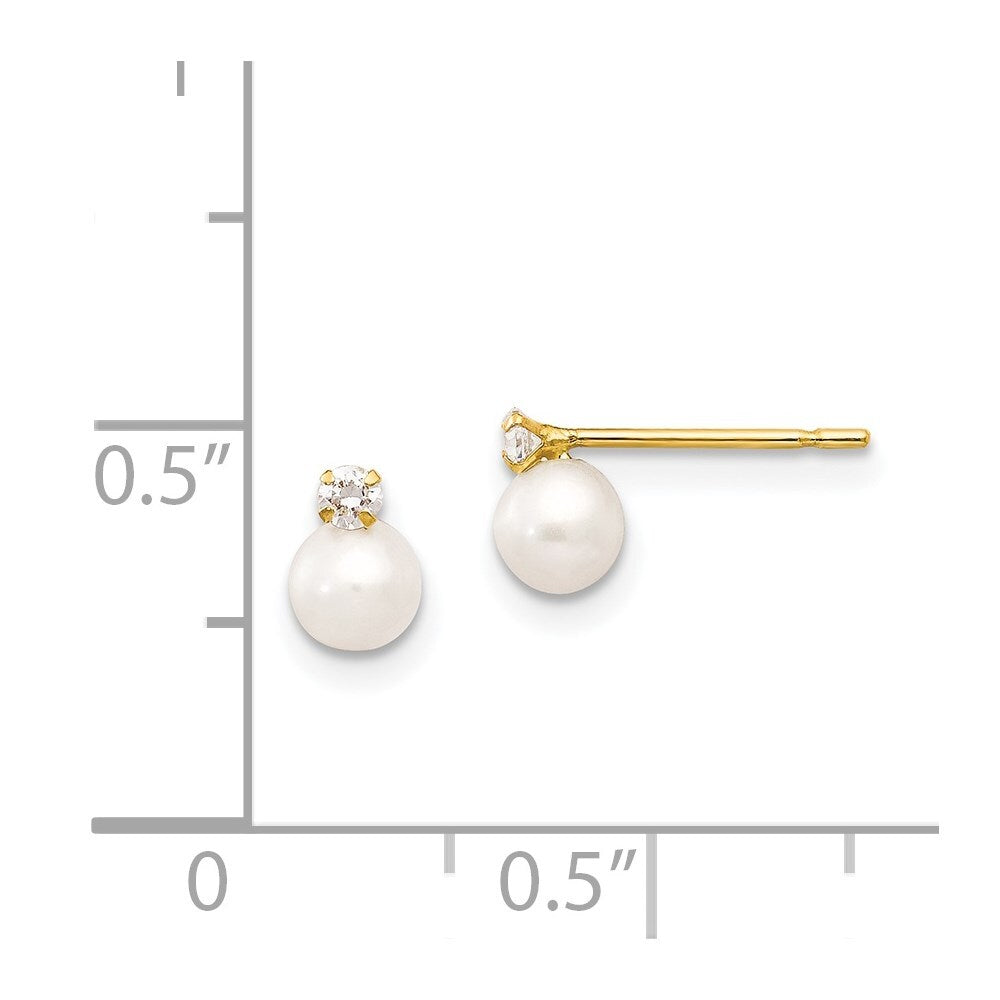 14k Yellow Gold 5-6mm Near Round FW Cultured Pearl Cubic Zirconia Stud Earrings
