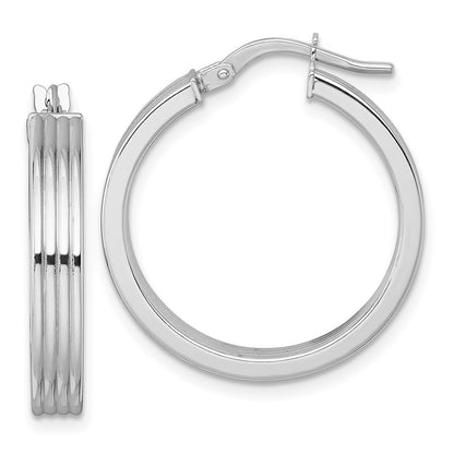 14k White Gold Polished and Grooved 4.00 x 24mm Tube Hoop Earrings