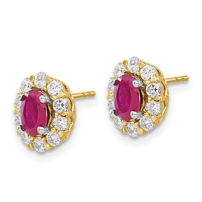14k Yellow Gold Oval Ruby and Diamond Halo Stud Earrings