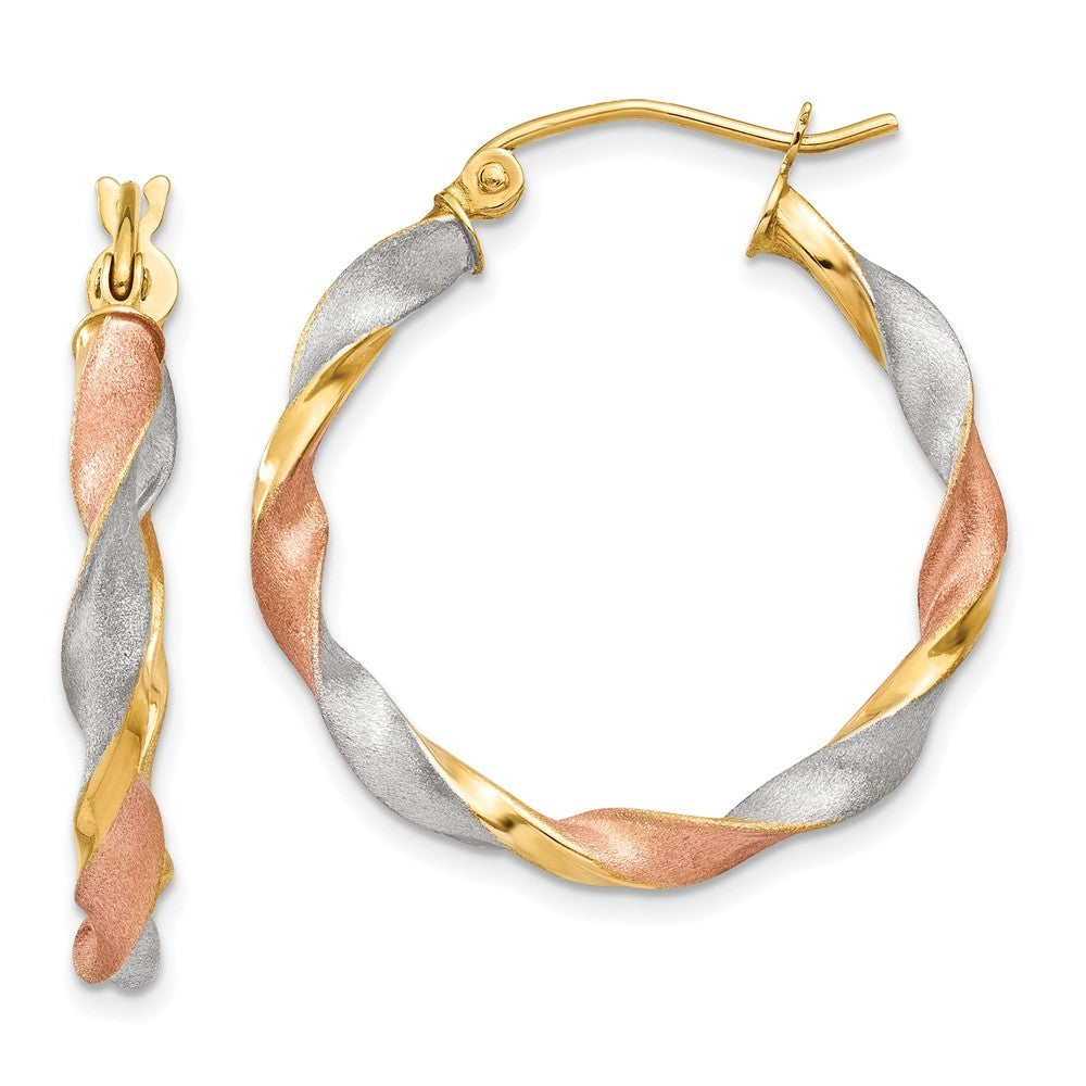 14k Yellow Gold White & Rose Rhodium Satin Twisted Hoop Earrings