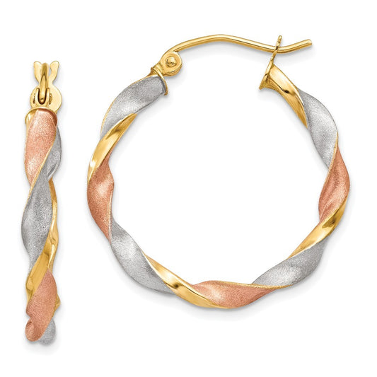 14k Yellow Gold White & Rose Rhodium Satin Twisted Hoop Earrings