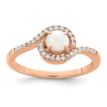 Sterling Silver Rose-tone Created Opal and Cubic Zirconia Halo Ring Size 6
