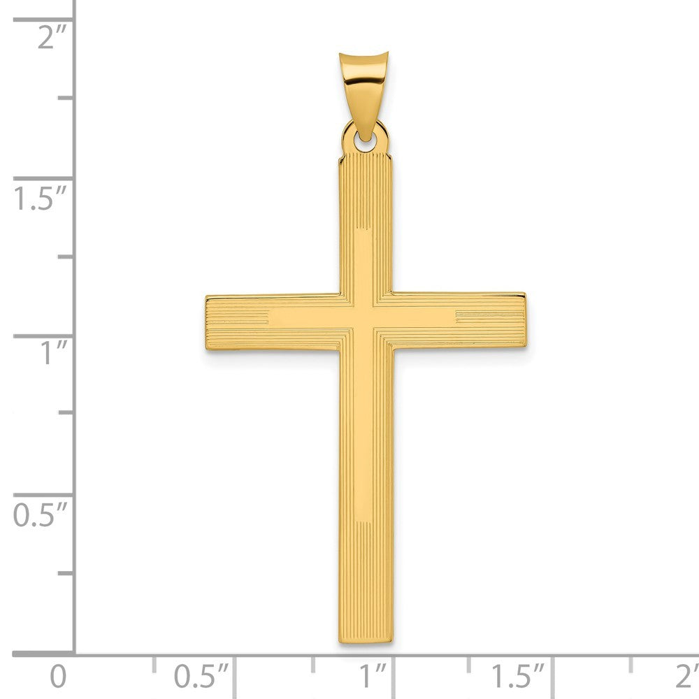 14k Yellow Gold Polished and Line Design Solid Cross Pendant