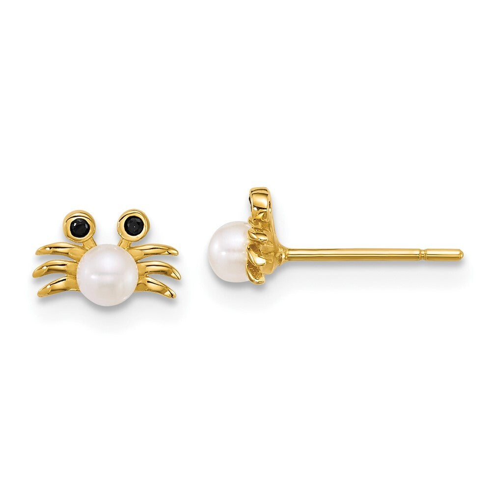 14k Gold Polished Black Cubic Zirconia with Cultured Pearl Crab Stud Earrings