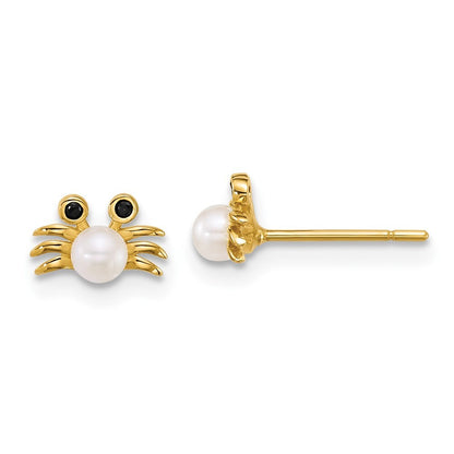 14k Gold Polished Black Cubic Zirconia with Cultured Pearl Crab Stud Earrings