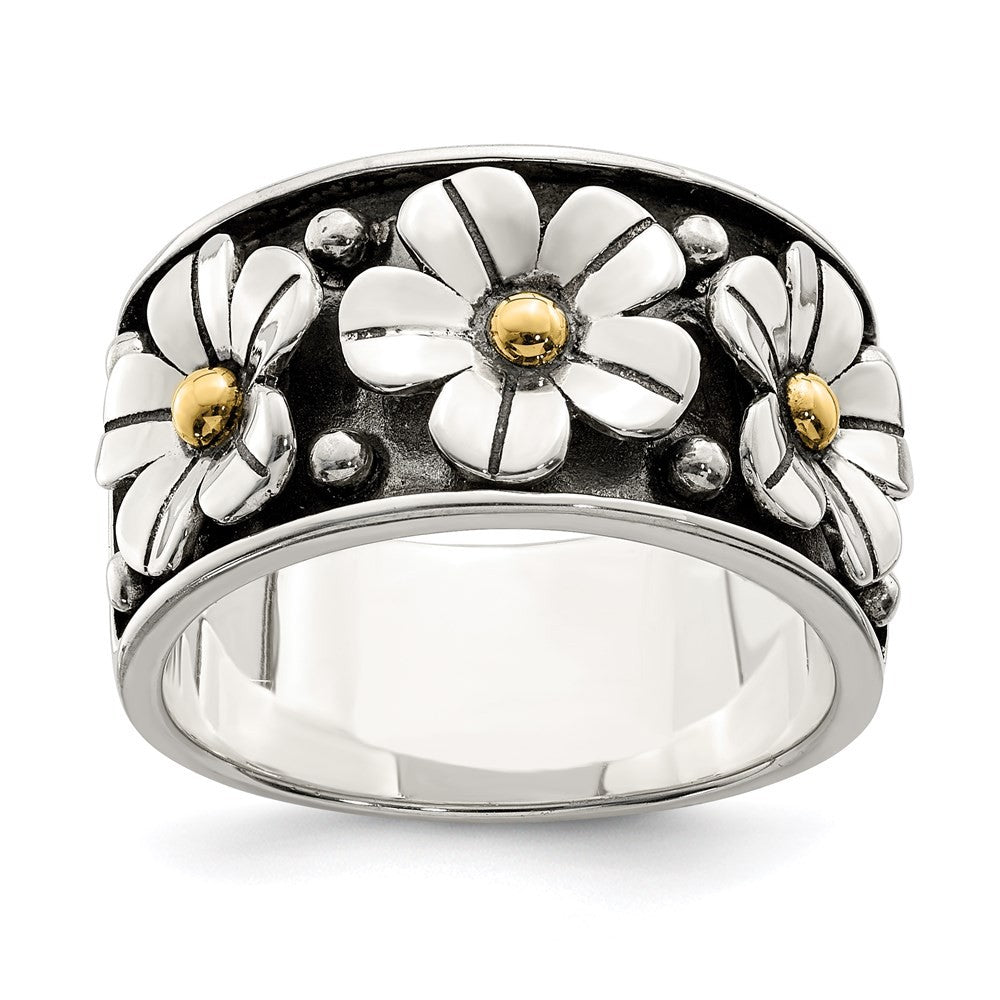 Sterling Silver Antiqued 14k Gold Centers Daisy Ring
