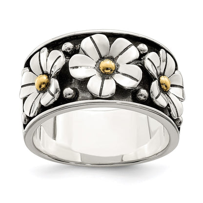 Sterling Silver Antiqued 14k Gold Centers Daisy Ring