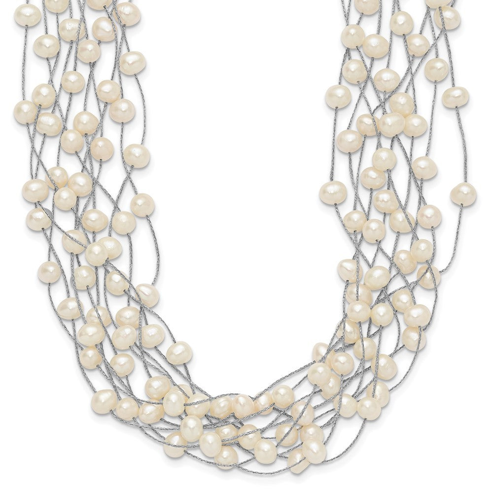 Sterling Silver 6-8mm White Semi-Round Cultured Pearl Multi Strand 15" Necklace