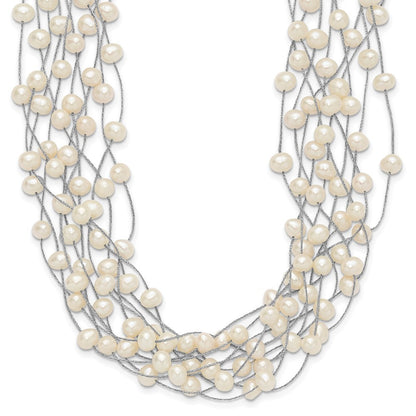 Sterling Silver 6-8mm White Semi-Round Cultured Pearl Multi Strand 15" Necklace
