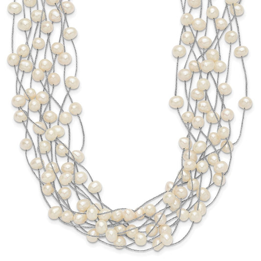 Sterling Silver 6-8mm White Semi-Round Cultured Pearl Multi Strand 15" Necklace