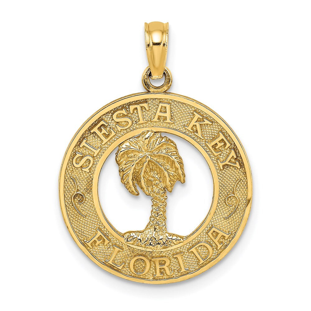 14k Yellow Gold SIESTA KEY FLORIDA Palm Tree Circle Charm Pendant for Women