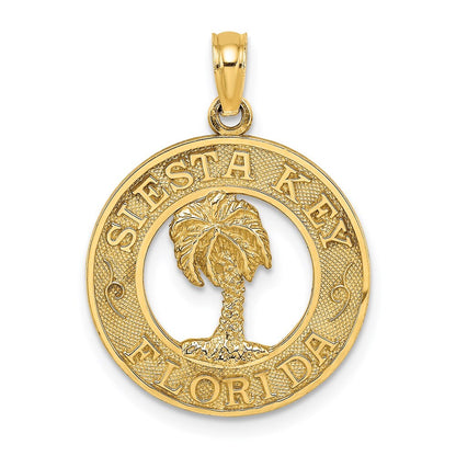 14k Yellow Gold SIESTA KEY FLORIDA Palm Tree Circle Charm Pendant for Women