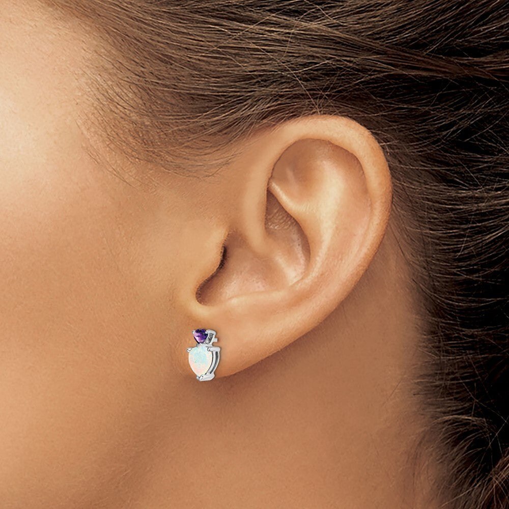 14k White Gold Created Opal and Amethyst Heart Drop & Dangle Earrings