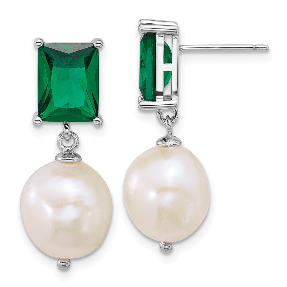 Sterling Silver Semi-Round Cultured Pearl & Green Cubic Zirconia Dangle Earrings
