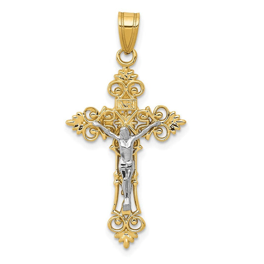 14k Two-tone Gold Medium Lacy-Edge Inri Crucifix Pendant for Women