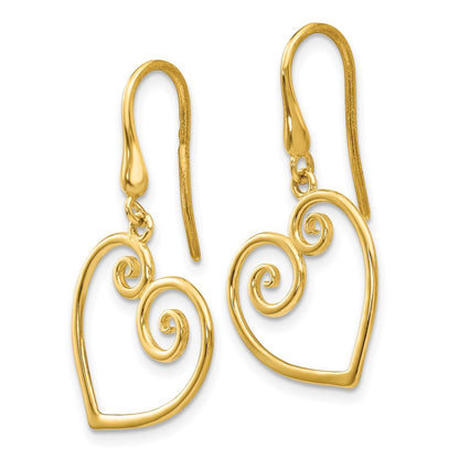 14k Yellow Gold Heart Drop Dangle Earrings w/ Shepherd Hook
