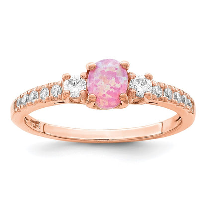 Sterling Silver Rose-tone Created Pink Opal and Cubic Zirconia Ring Size 8