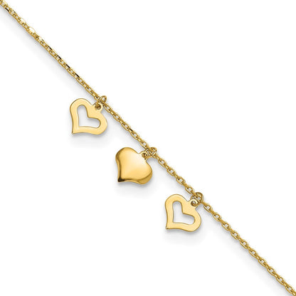 14k Yellow Gold Three Heart Dangles 10" Anklet