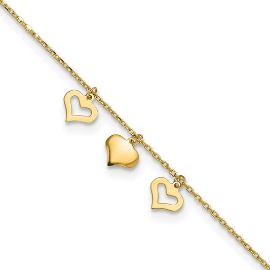 14k Yellow Gold Three Heart Dangles 10" Anklet