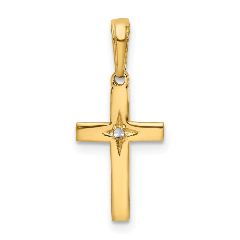 14k Yellow Gold Rhodium Diamond-Cut Cross Pendant for Women