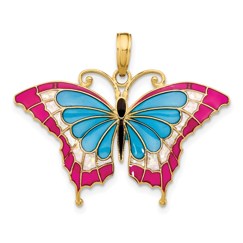 14k Yellow Gold Blue and Red Enameled Butterfly Pendant for Women