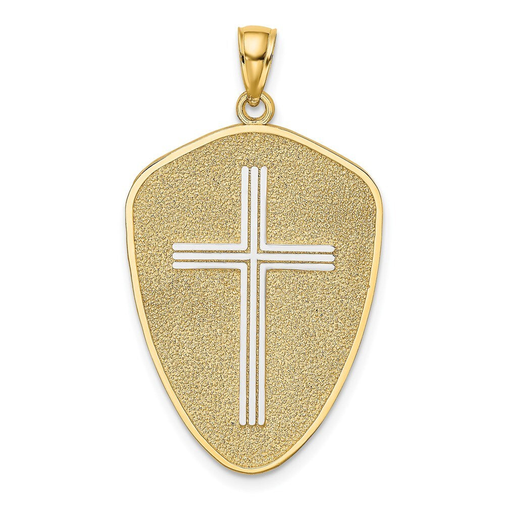 14k Yellow Gold Rhodium Cross Shield  Joshua 1:9 On Reverse Charm Pendant