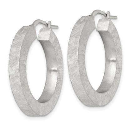 Sterling Silver Brushed Textured 4.25mm x 28mm Square Tube Hoop Earrings